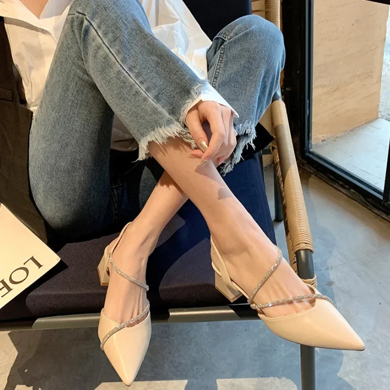 Low Heels Sandals Sexy Crystal Pointed Toe Women Shoes Brand Design Lady Shoes Party Banquet Woman Shoes 2024 Shallow Sandals