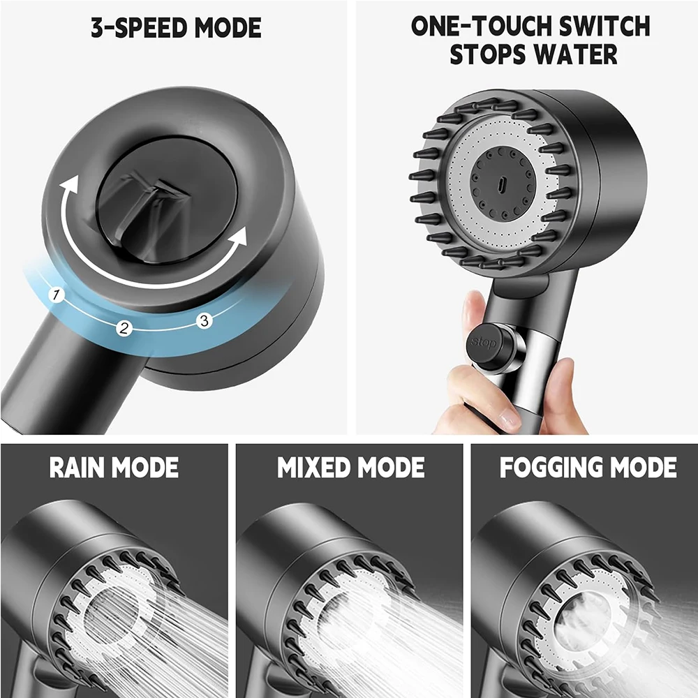 4 Modes Handheld Shower Head with Massage Brush Cotton Filters One-click Stop Water Saving High Pressure Showerhead for Bathroom