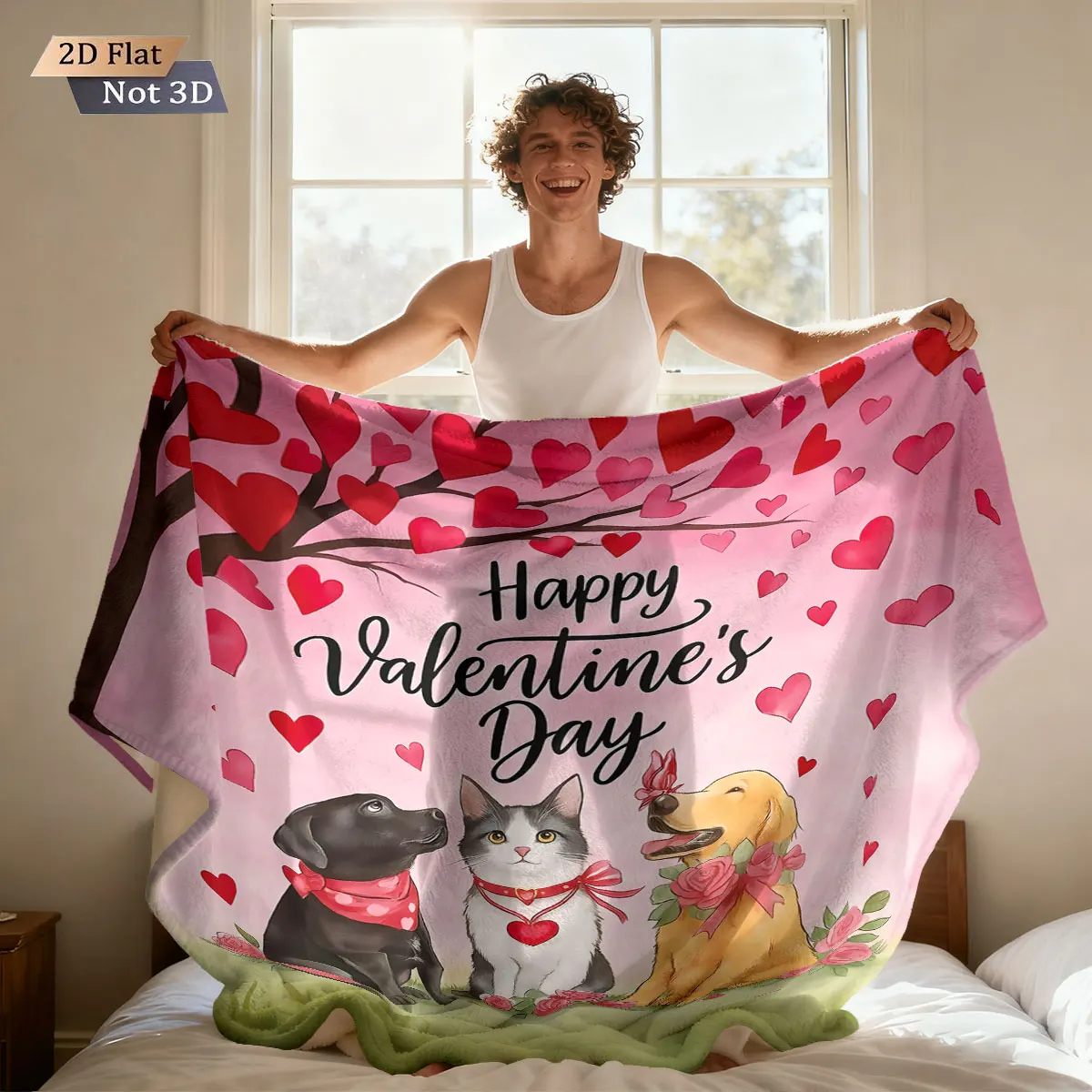 1 Stück Valentinstag, romantischer Liebeshund-Aufdruck, 230 g, Flanelldecke, lässige Nickerchendecke, bequem, mehrere Größen, maschinenwaschbar