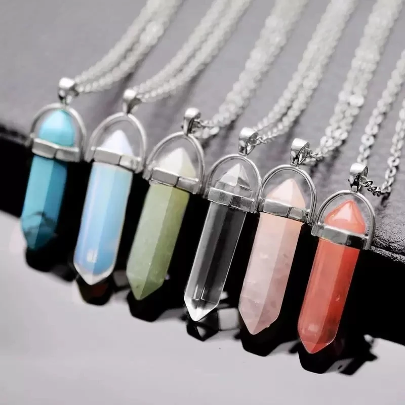 Natural stone necklace pendant rose quartz crystal necklace hexagonal column pendulum hexagon crystals necklaces