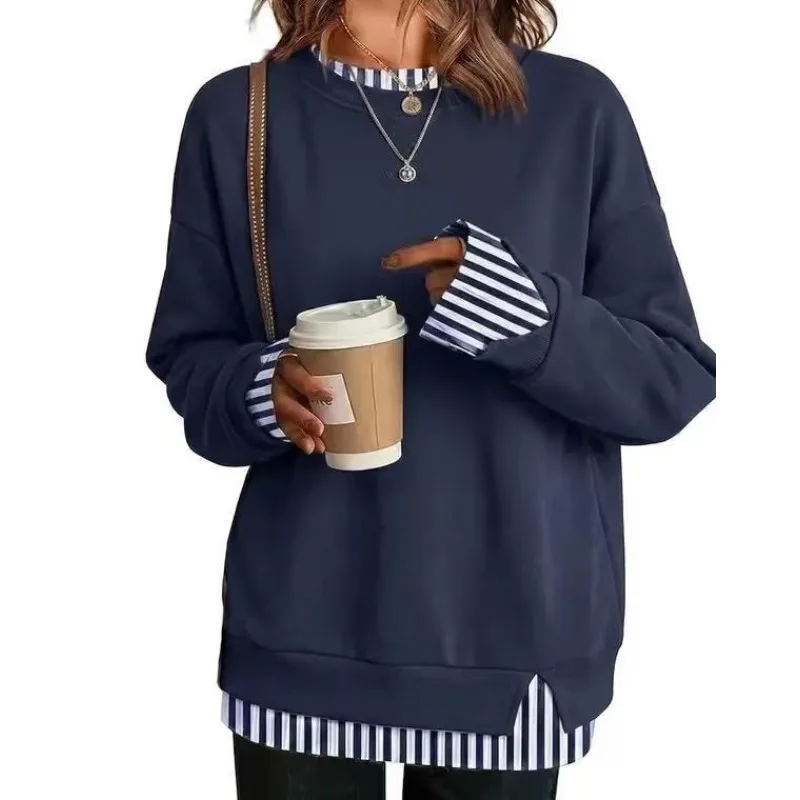 Crewneck Sweatshirt for Women Autumn 2026 New Faux-Layer Fake Two Piece Patchwork Pullover Soft Terry Ribbed Trim Side Slits