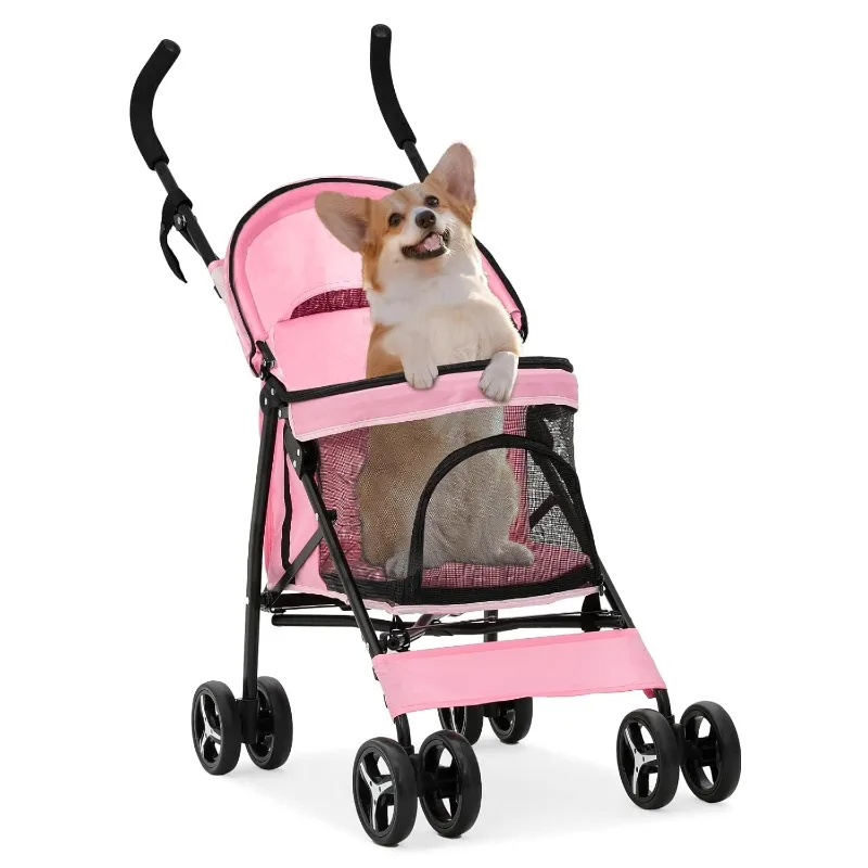 

4 Wheels Pet Stroller, Easy-Fold Puppy Cage Jogger Stroller with Sun Cover, Pad and Rear Storage Bag for Pets up to 22 lbs