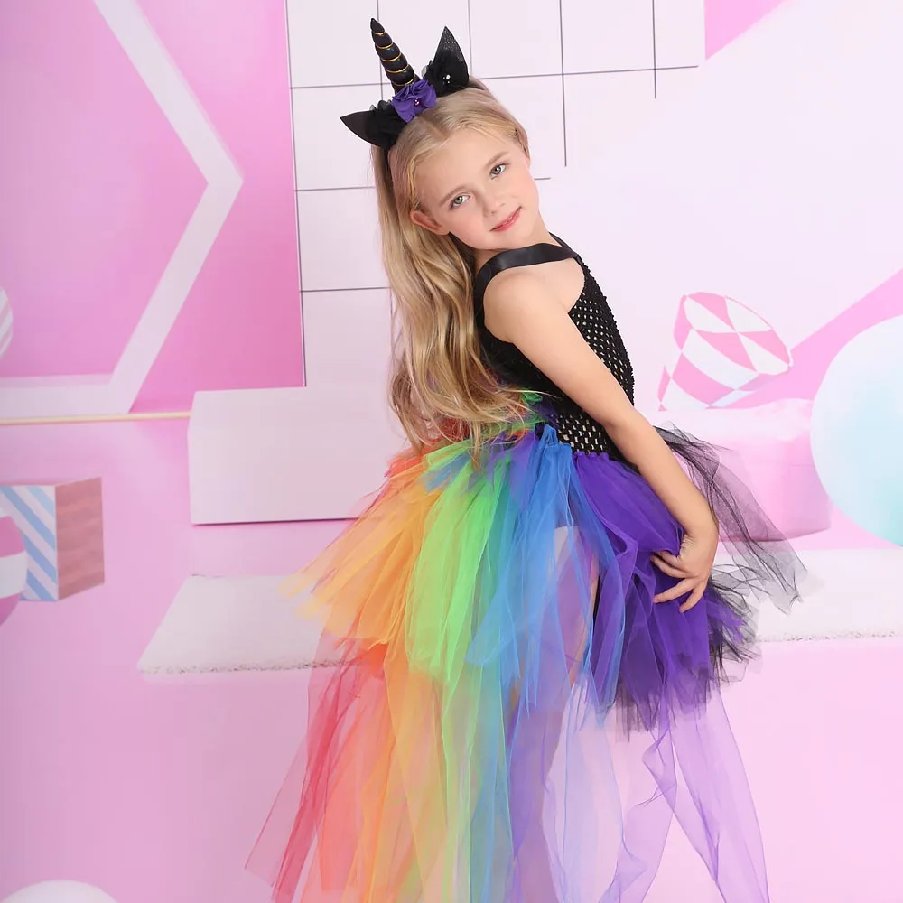 Girls Unicorn Costume Tutu Dress Kids Black Rainbow Unicorn Tulle Dress Baby Birthday Outfit Little Girls Unicorn Party Dress