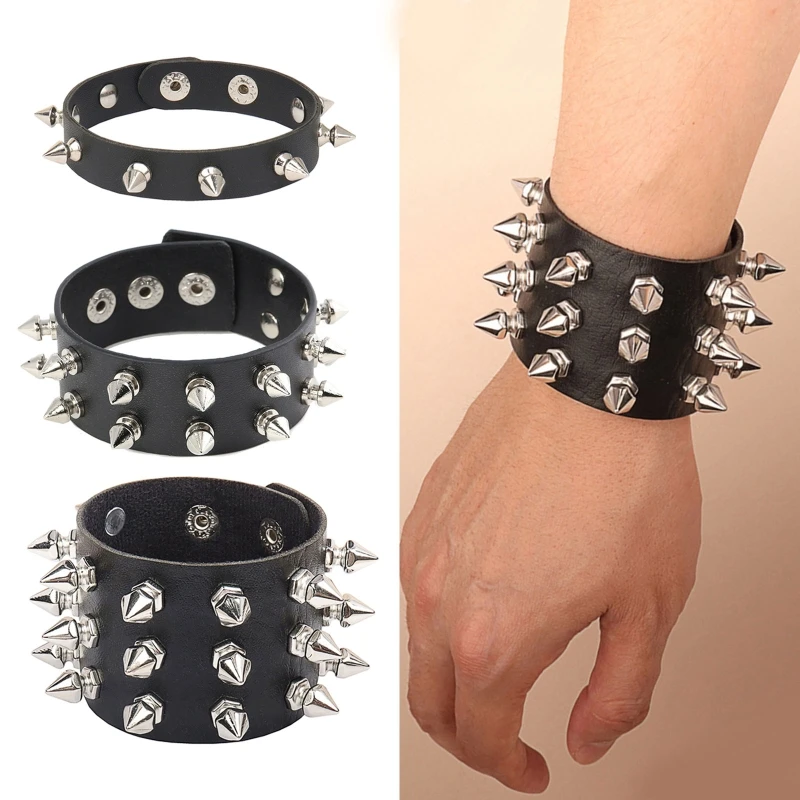 2024 Pu Leather Studded Bracelet Choker Punk Spike Rivets Cuff Black Wristband Adjustable Cuff Bangle