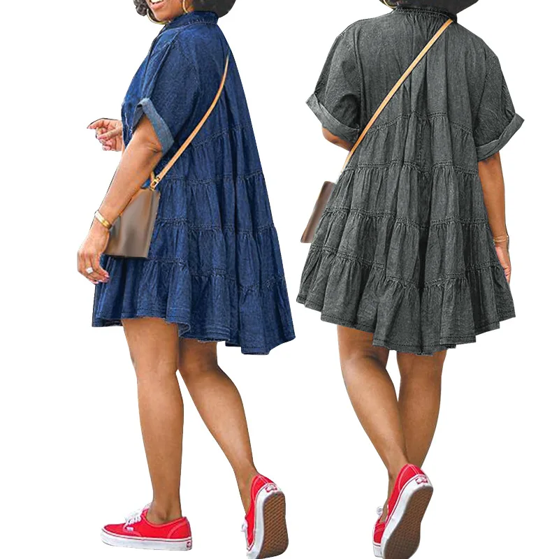 

Women Dresses Denim Dress Solid Oversize Turn Down Collar Short Sleeves Single Breasted Knee Length Loose Fit Casual 2026 Spring