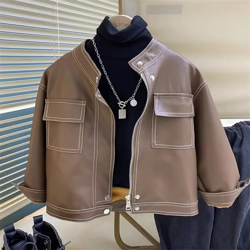 

Boy's Leather Jacket Coat Autumn and Winter Slim Fit Children's Fashionable Baby Pu Shuai Fleece-Lined Leather Jacket Casual All