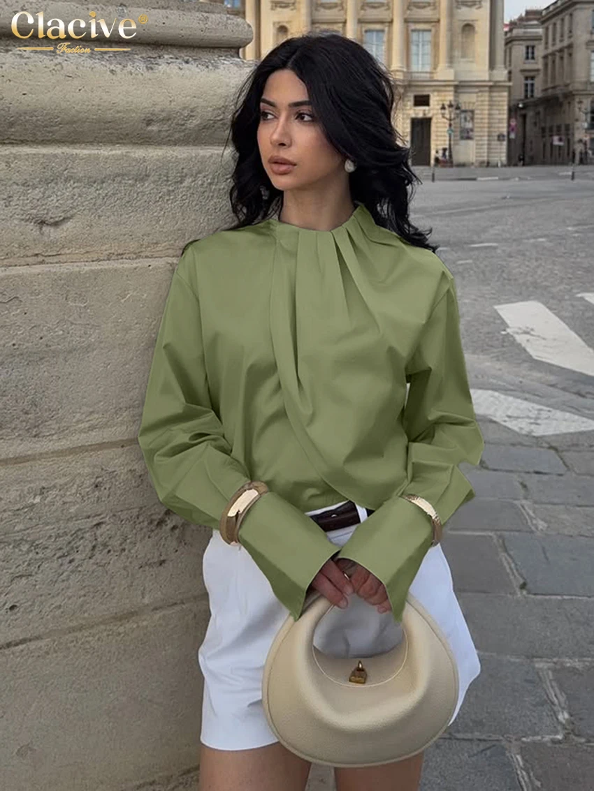 Clacive Fashion Loose Green Cotton Women's Shirt 2025 Casual O-Neck Long Sleeve Shirts Elegant Classic Solid Top Female Clothing