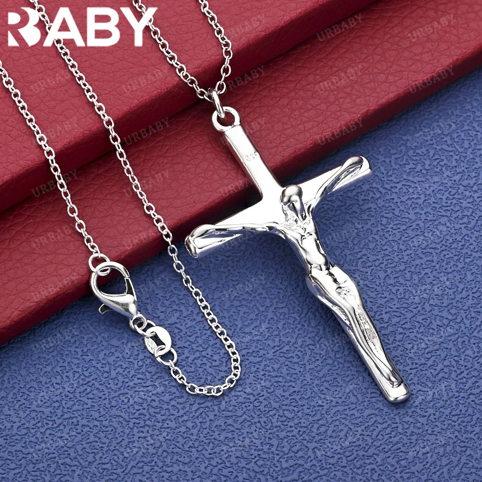 

URBABY 40-75cm 925 Sterling Silver Jesus Cross Pendant Necklace For Women Men Charm Trend Birthday Gifts Fashion Party