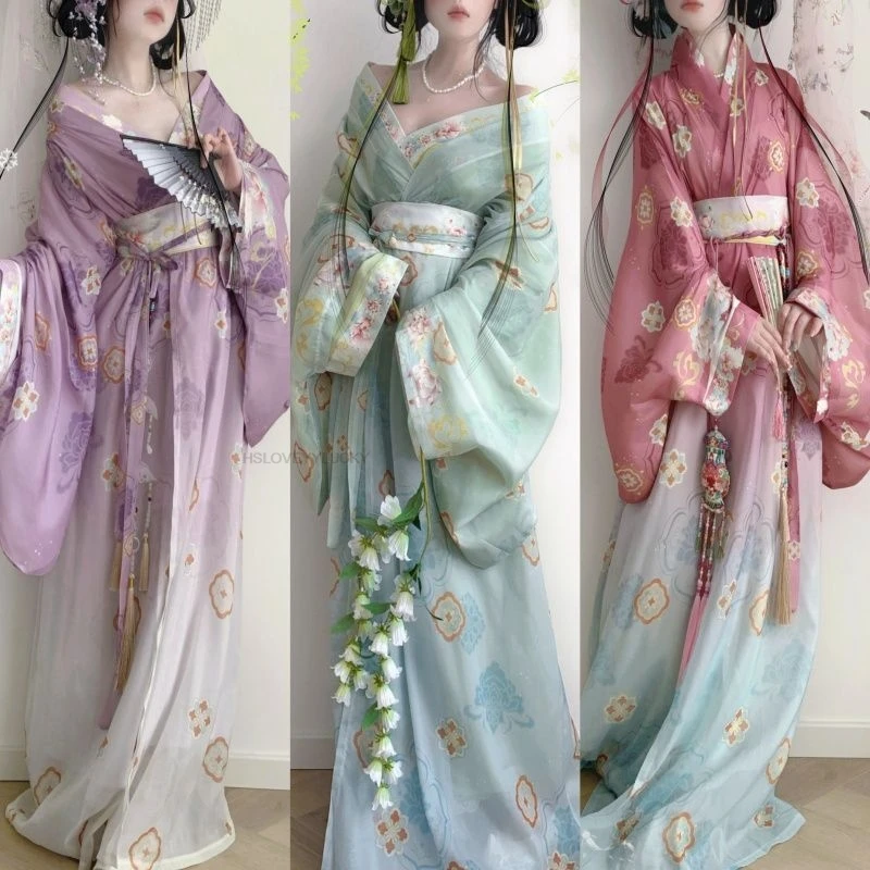 Chinese Large Sleeve Straight Cut Purple Green Pink three-color Full Set Ancient Style Flowing Photography Ancient Costume