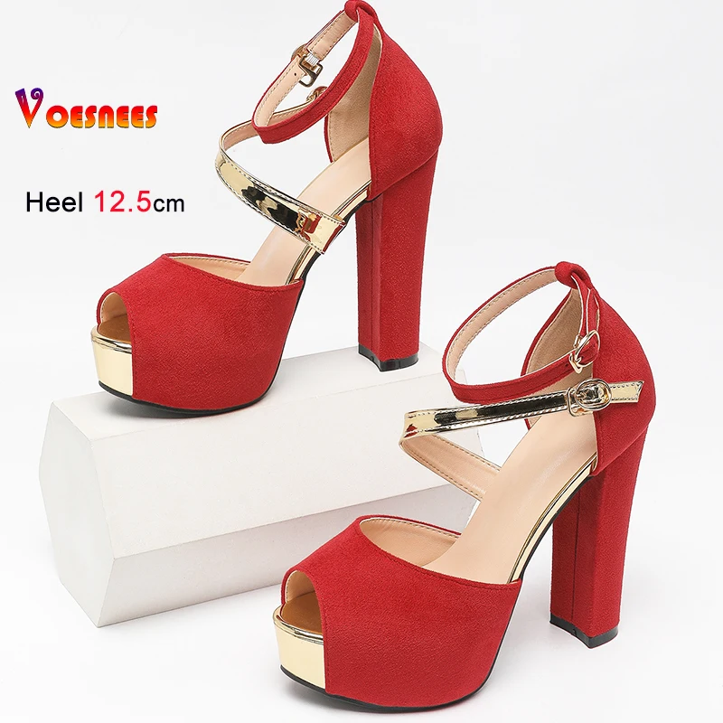 صنادل من جلد الغزال موضة اللمحة تو الصيف نموذج المنصة تظهر الأحذية 12.5 سنتيمتر سميكة عالية الكعب مصمم مشبك حزام الصنادل للنساء #6