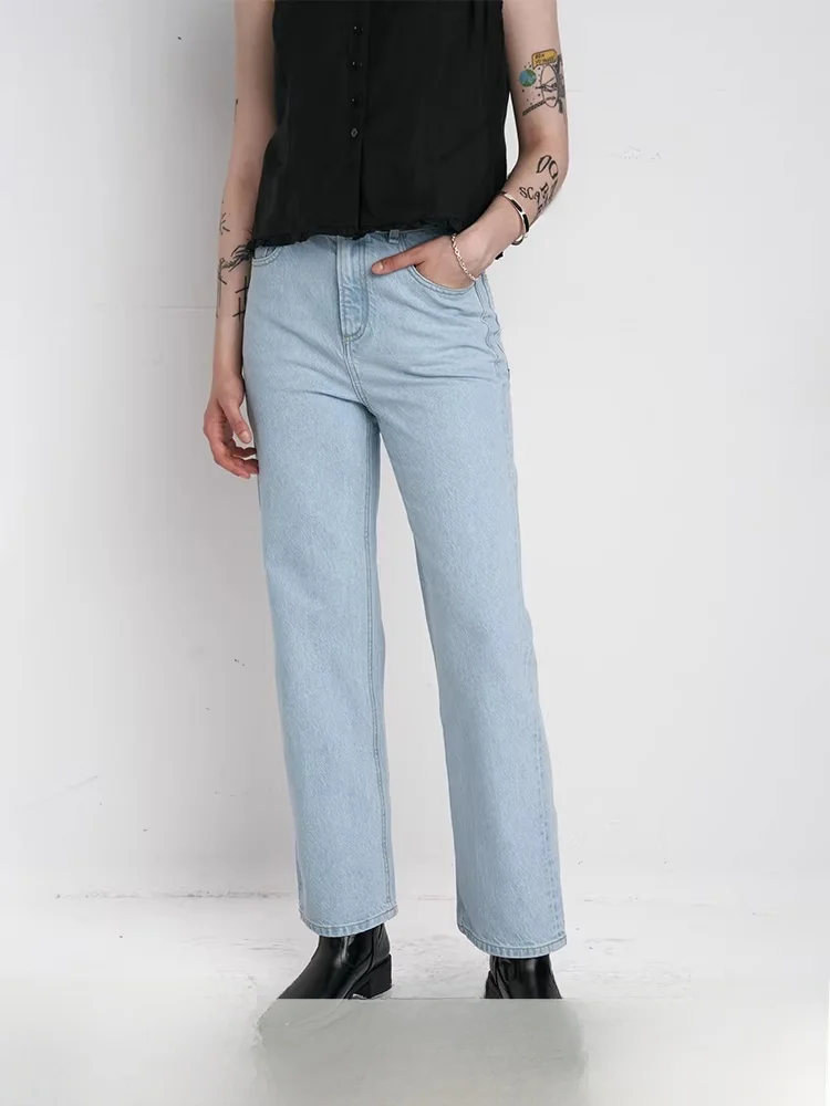 

Planites Light Colored Straight Leg Jeans Mixed with Breathable Versatile Summer l Waist Waed Denim Pants