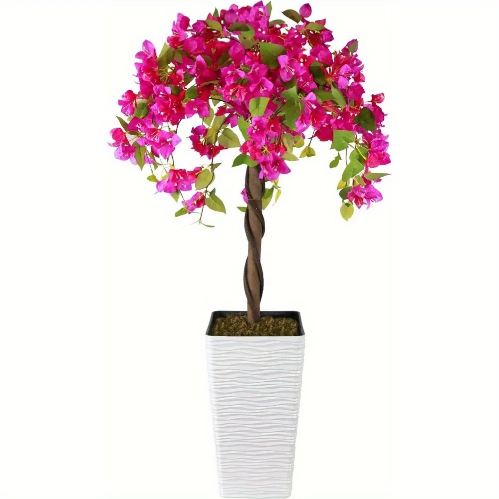 

4ft Artificial Bougainvillea Tree with White Planter - Realistic Pink & Green Faux Floral Topiary for Indoor/Outdoor Decor