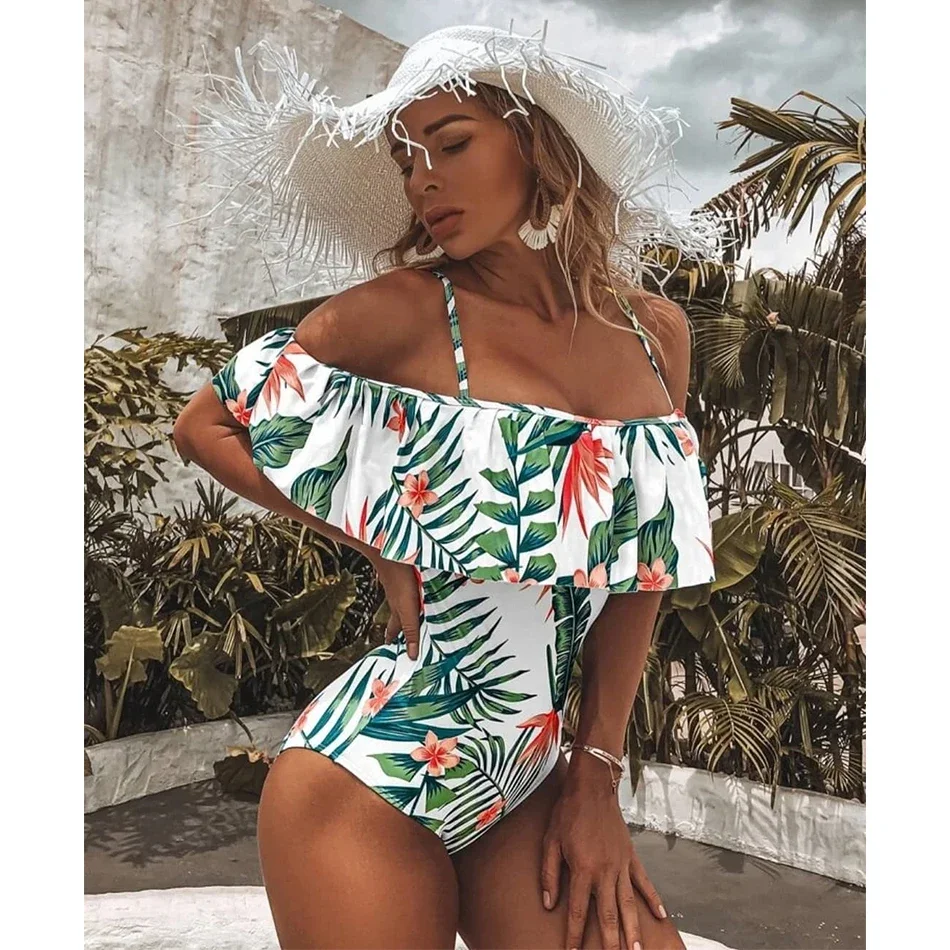 2022 Sexy One Piece Swimsuit Classic Off Shoulder Women Swimwear Ruffle Monokini Retro Black Bodysuit Vintage Bathing Suit Girls