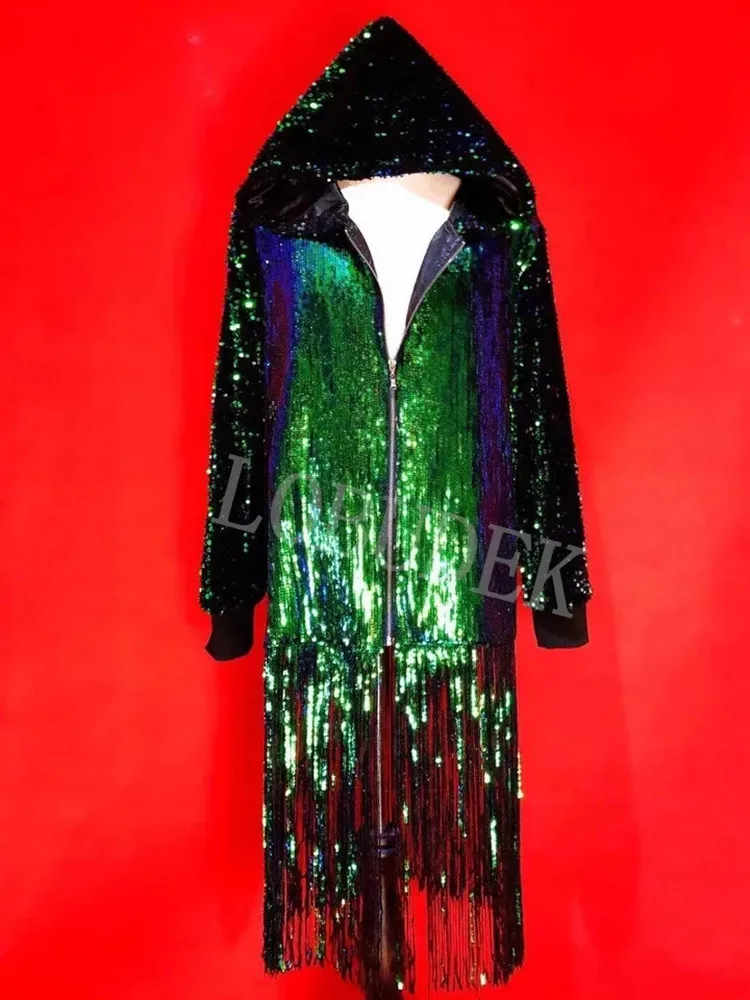 Punk Stil Männlich Rock Hip Hop Tänzerin Grün Pailletten Quaste Mit Kapuze Lose Lange Mantel Street Dance Mantel Jacke Nachtclub Bühne Kostüm