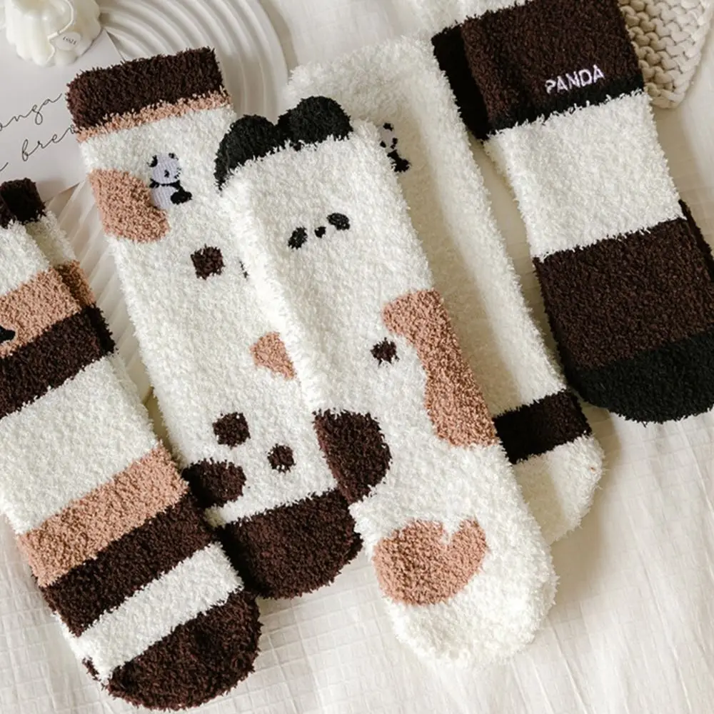 Harajuku Style Mid Tube Socks Panda Embroidery Coral Fleece Autumn Winter Socks Floor Socks Women Socks Home Sleeping Socks