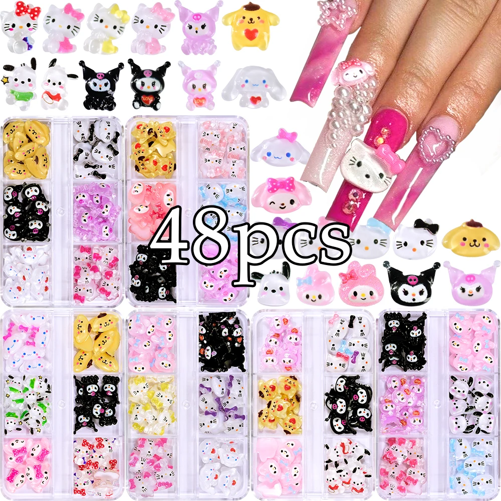 48pc 6 Types Sanrio Cartoon Nail Charms Mix Hello Kitty My Melody Kuromi Y2K Nail Decoration Set Flatback Resin Nail Accessories