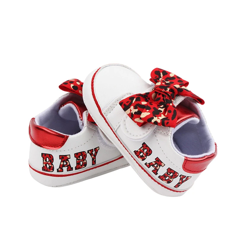 2023-07-23 Lioraitiin 0-18M Newborn Baby Girl Sneaker antypoślizgowe litery z kokardą wzór w cętki pierwsze buty do chodzenia