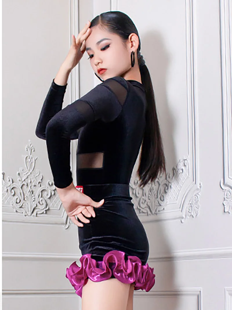 Vestido de baile latino para niños, mono de manga larga de terciopelo para niñas y práctica de empalme, trajes de falda de hadas, trajes de baile