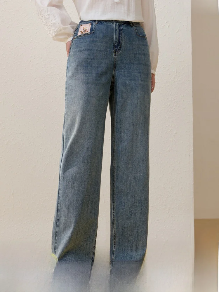 

Frayed Hem Denim Straight Leg Pants Bead Design Mid-Rise Women's plus Size Summer Jeans Commute Style Korean Fashion