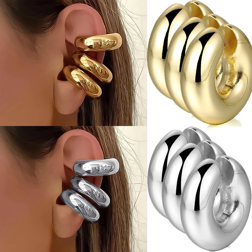 Hyperbole Large Chunky Non Piercing Gold Plated CCB Circle Ear Cuffs Earrings for Women Thick Bold Round Light Ear Clip Jewelry