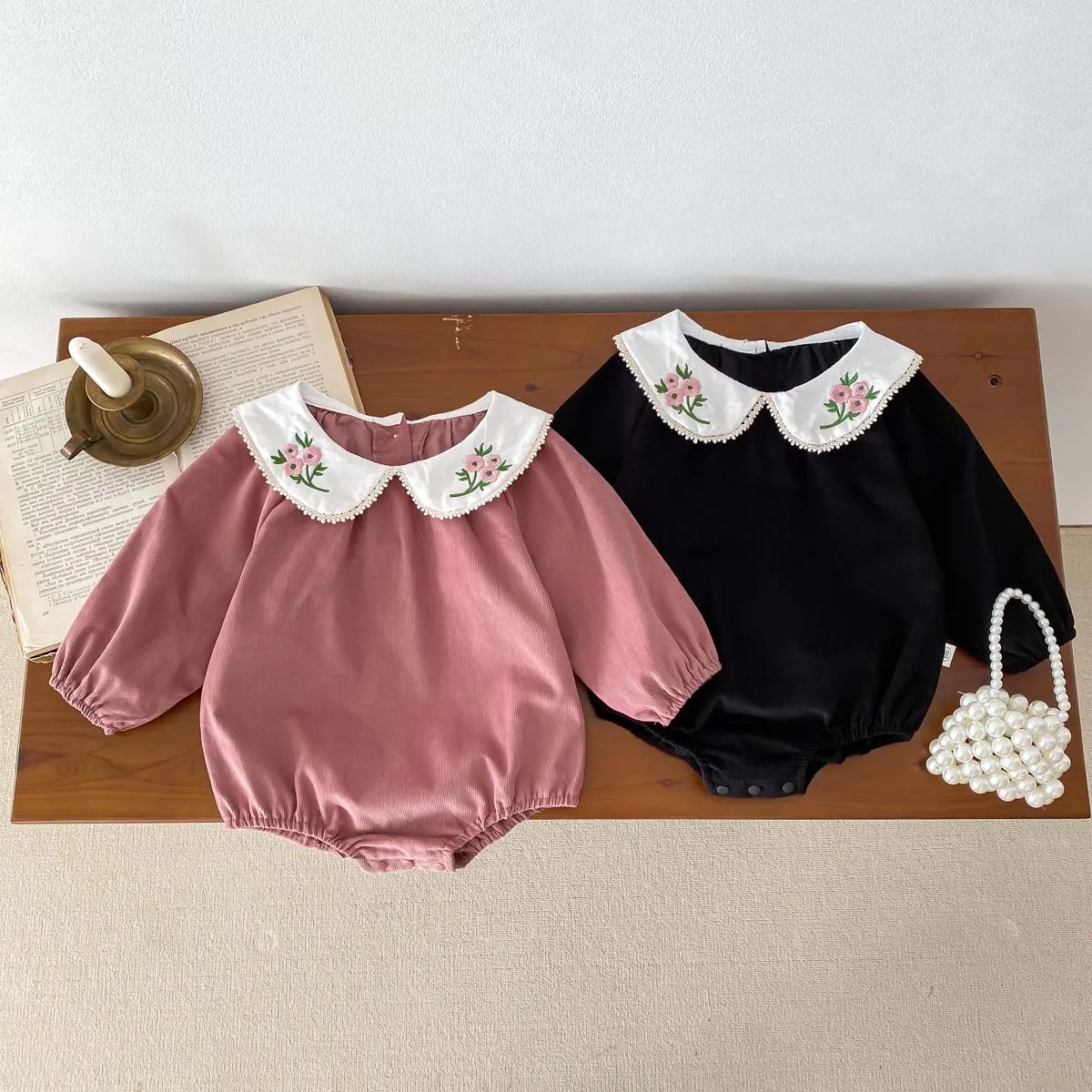 Autumn Infant Bodysuit Newborn Girls Romper Floral Embroidery Lapel Solid Color Long Sleeved Jumpsuit Baby Clothes 0-2 Years Old