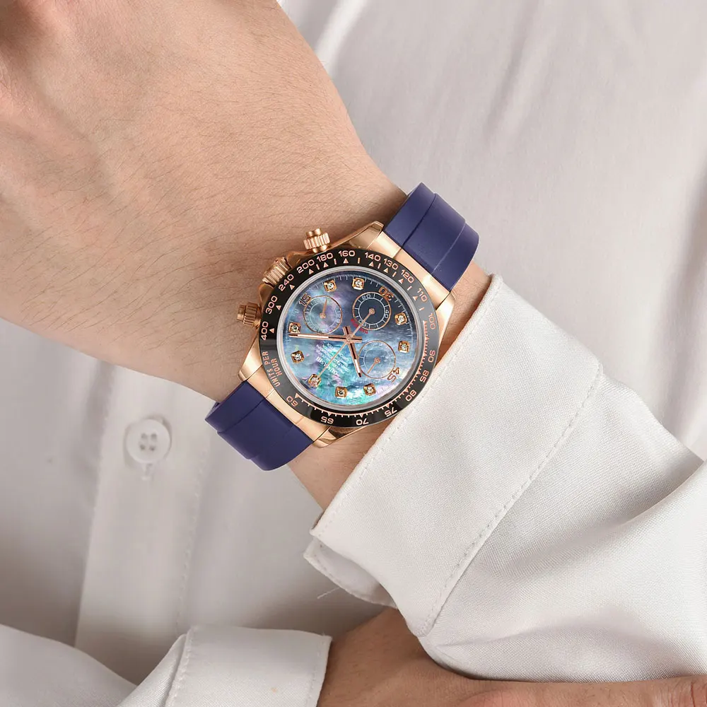 Reloj de pulsera para hombre de oro rosa de 39mm, movimiento VK63, cronógrafo de cuarzo, cristal de zafiro, caucho, reloj de pulsera personalizado de lujo para hombres de negocios