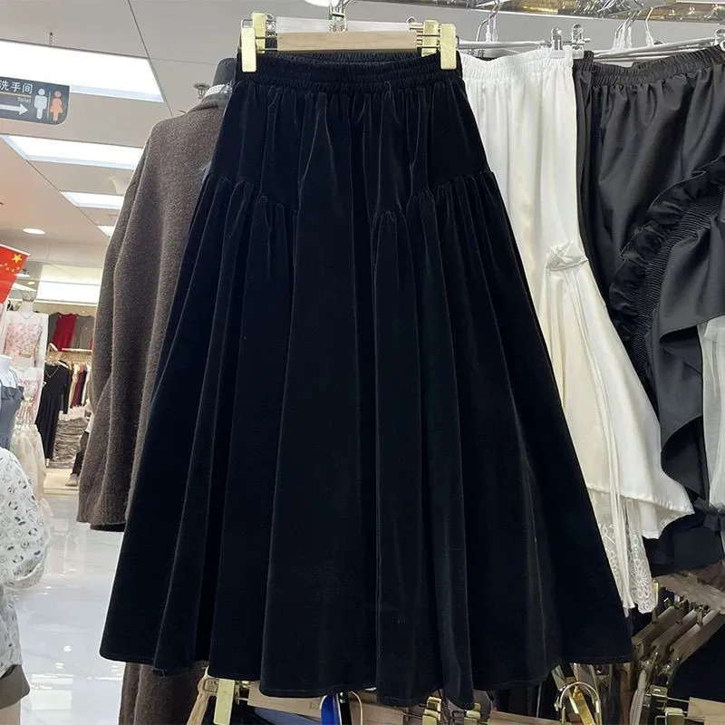 French Retro Skirt Women Fluffy Velvet A-line Midi Skirt Autumn Winter High Waist High-end Splice Skirt Versatile