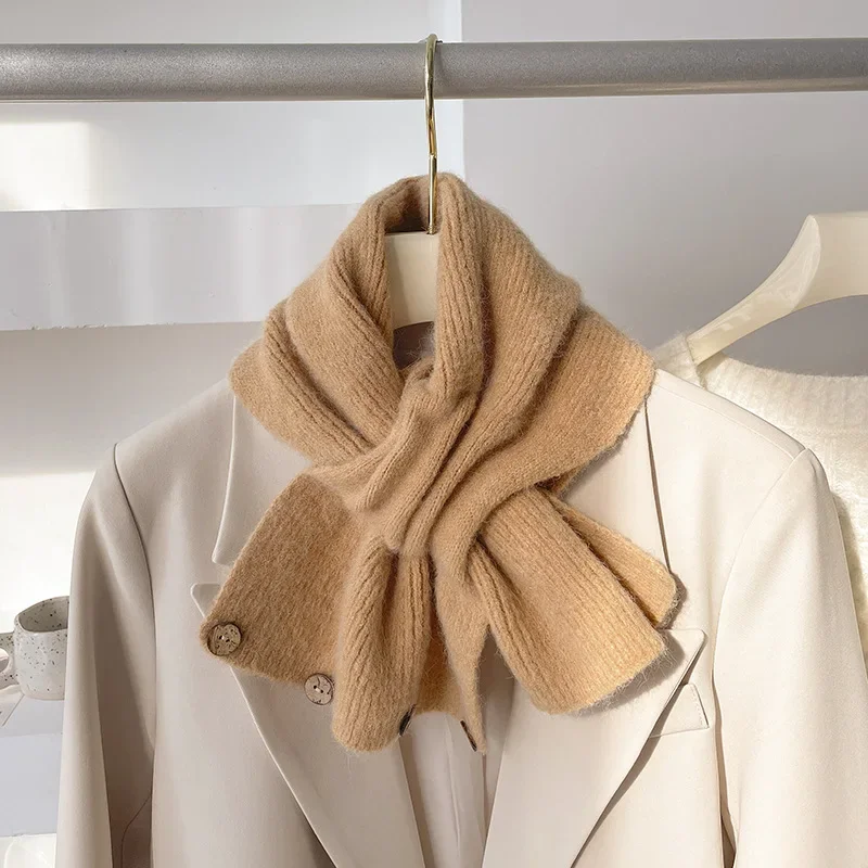 

Autumn and Winter Cross Knitted Scarf Short Women's Scarf Korean Edition Color Blocked Scarf Winter Warm Button Neck Cover