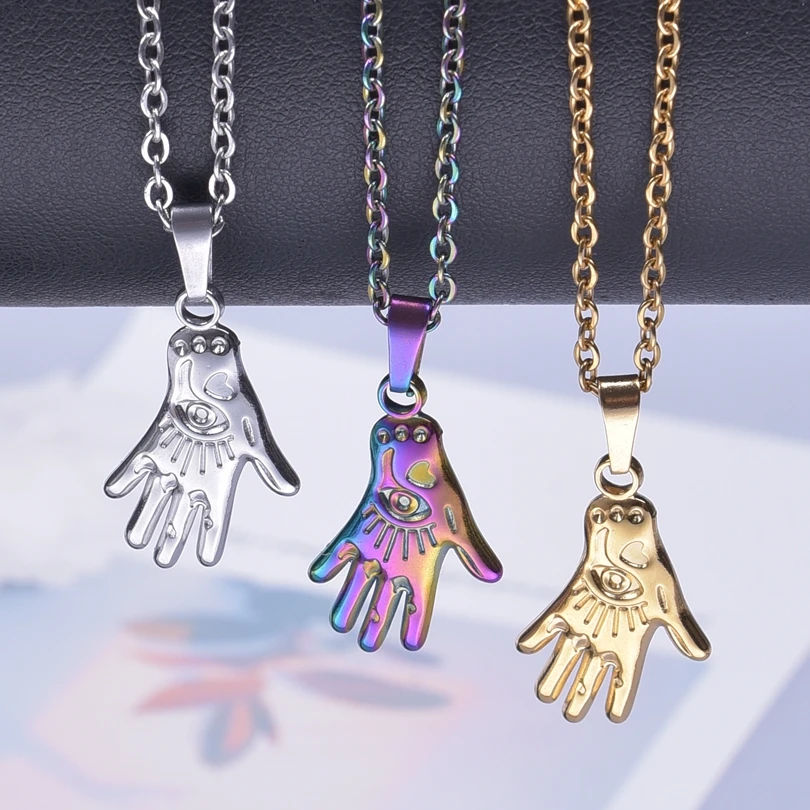 Stainless Steel Fatima The Hamasa Hand Rainbow Pendant 50cm Necklace Jewlery Not Fade Silver Gold Color For Women Jewelry