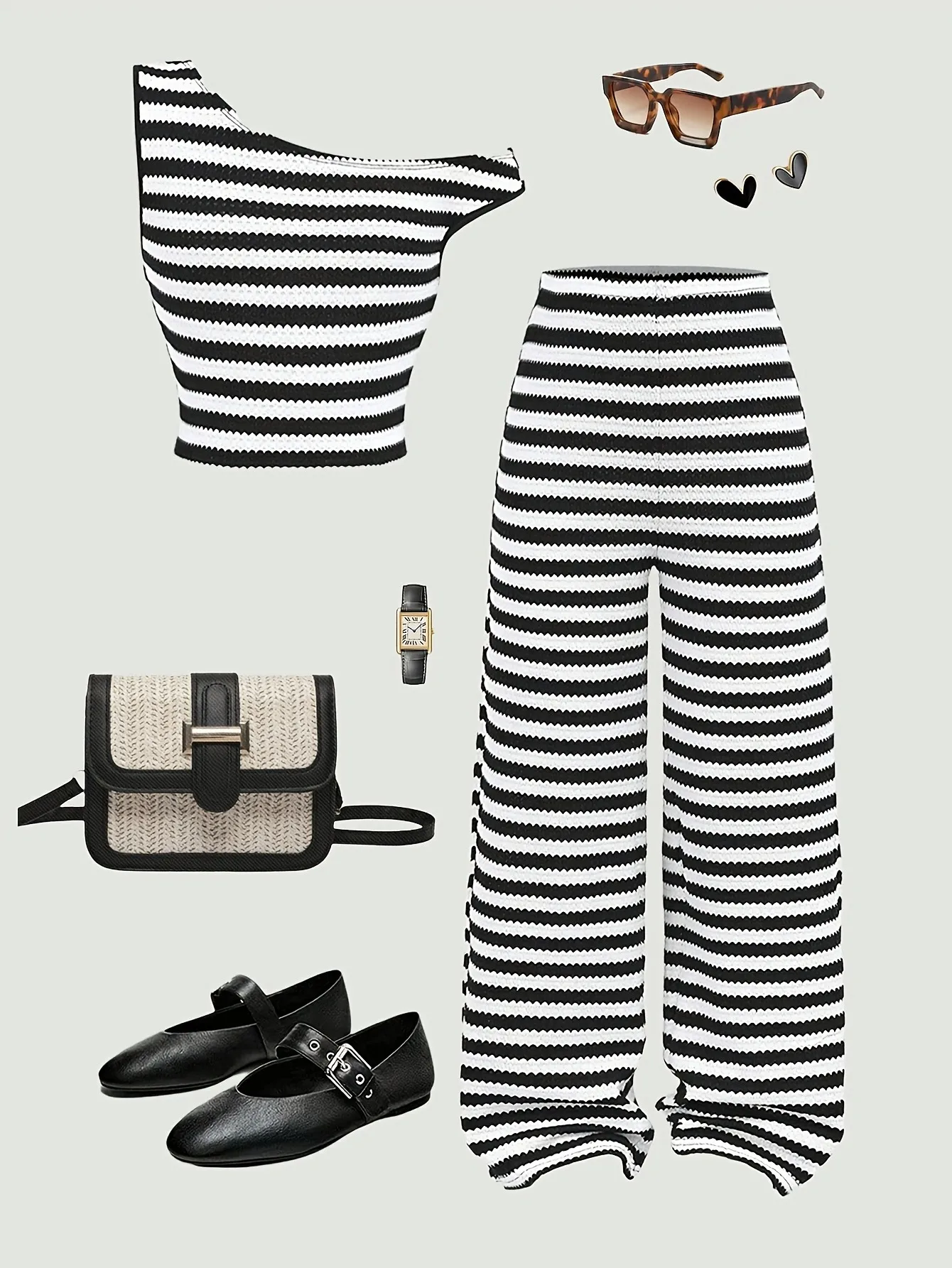 Kids Girls 2-Piece Black White Striped One Shoulder Crop Top & Wide Leg Pants Set Preppy Casual Summer Outfit