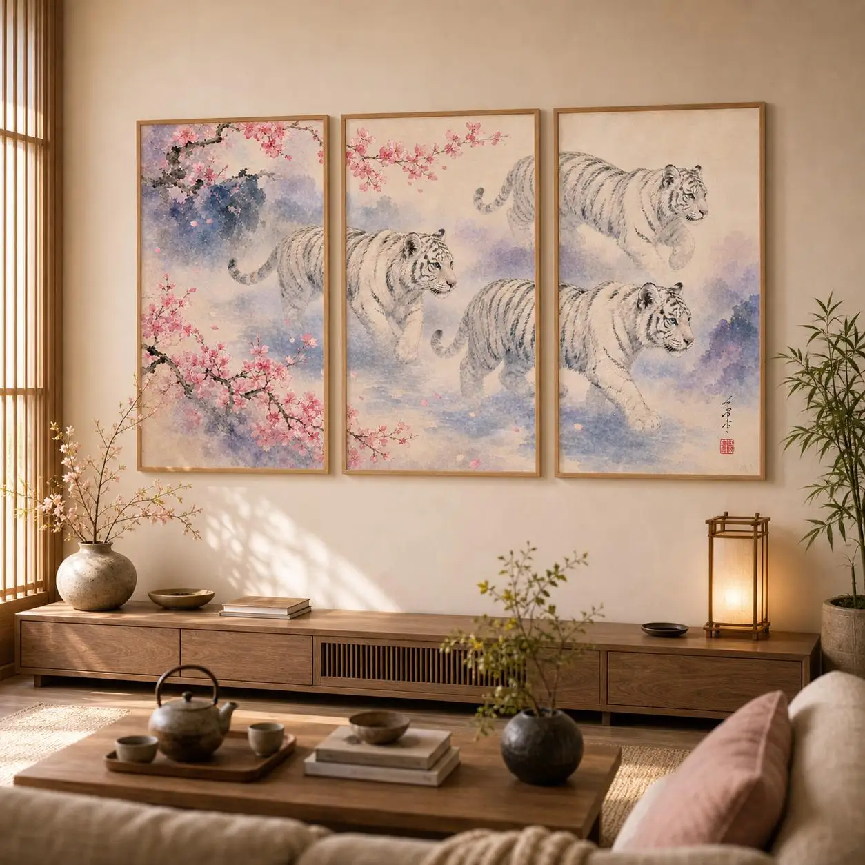 3pcs frameless Canvas Painting 3Pcs Oriental White Tiger Wall Art, Ink Wash Cherry Blossom Misty Mountain Canvas Prints, Japandi
