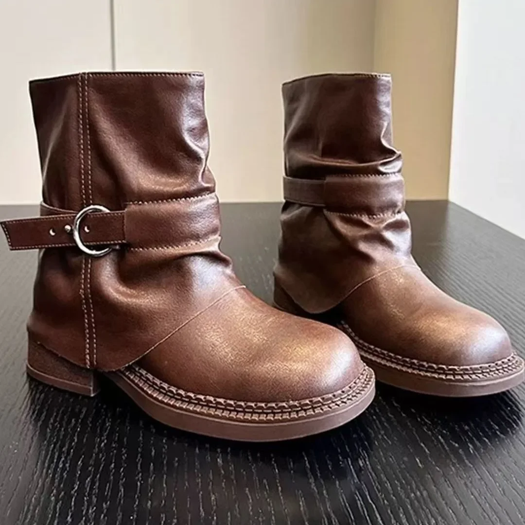 

Luxury Women's Boots Slip on Female Mid-calf Boots Retro Biker Boots Fashion Block Heels Women Shoes Pu Leather Zapatos De Mujer