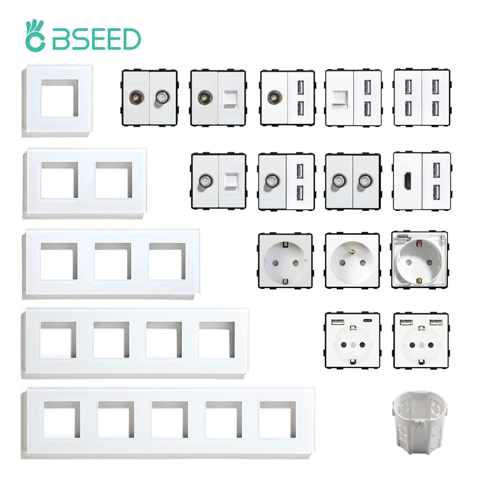 BSEED EU Standard USB RJ45 Socket TV Satellite Wall Plug Function Parts Wall Electric Socket Glass Panel DIY Free Combination