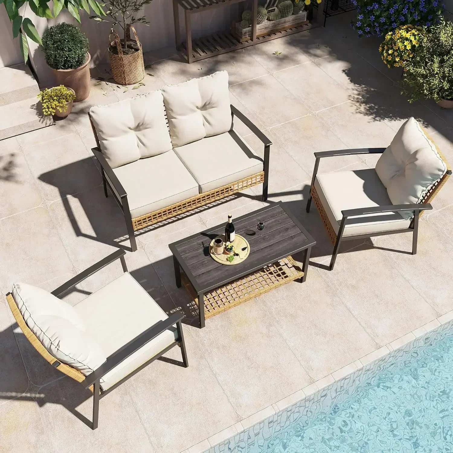 4-Piece Patio Conversation Set, Comfortable Oversized Outdoor Furniture Set with Soft Cushion and Storage Metal Coffee Table