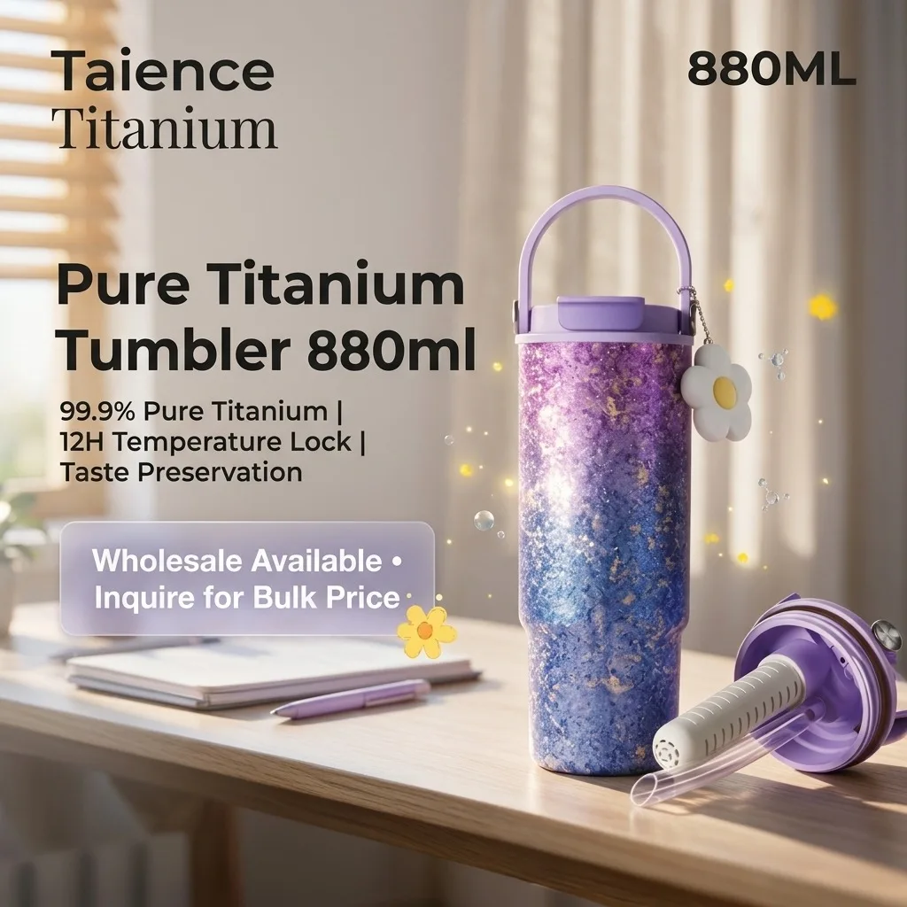 Taience Titanium Water Bottle 880ml Insulated Tumbler with Straw and Tea Infuser 12h Hot Cold Leak Proof for Travel
