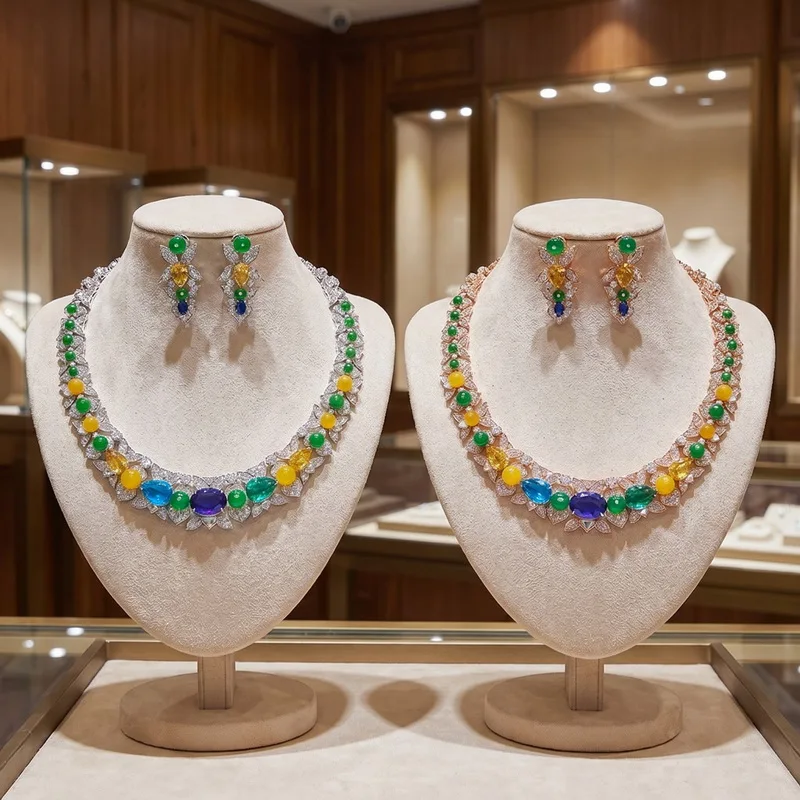 Europe America Style Earrings Necklace Women Lady Inlay Colored Cubic Zircon Green Beads Wide Chain Party Jewelry Sets