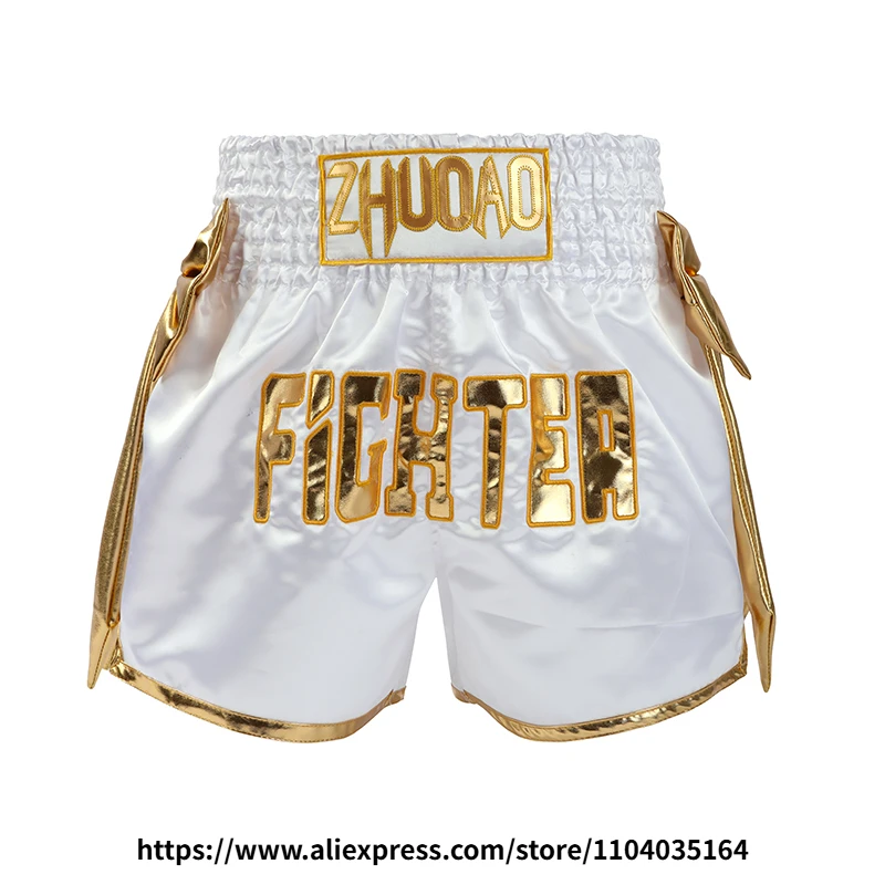 Thai-Boxshorts mit Goldschleife, Muay Thai Shorts für Erwachsene und Jugendliche, Professionelle Kickbox- und MMA-Shorts für Sparring, Training und Wettkampf