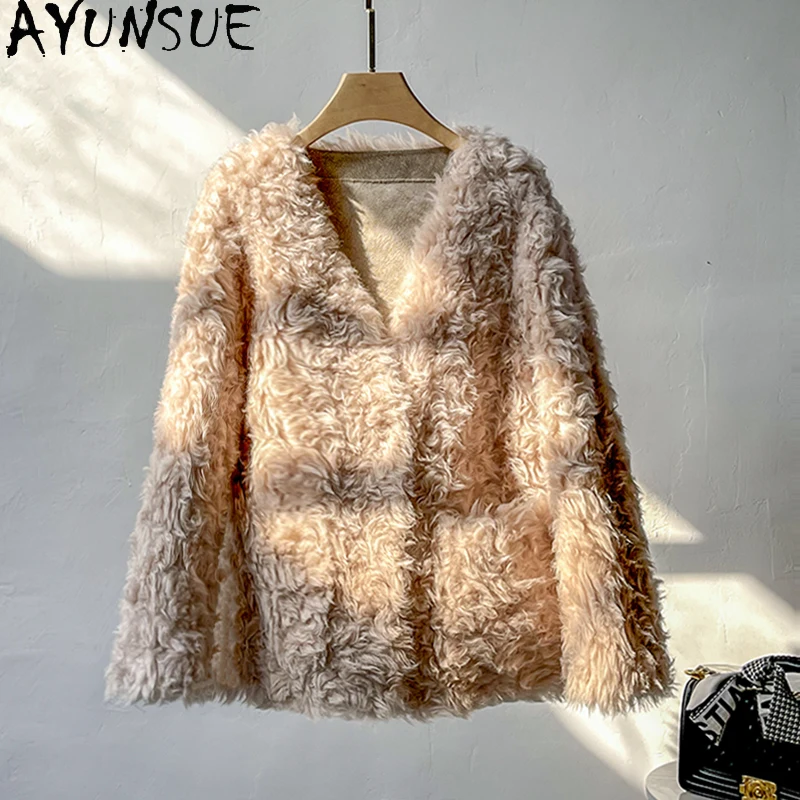 AYUNSUE 100%天然ウール レディースジャケット Vネック ラムファー ジャケット レディースファッション ショート丈 2025年新作 アウター レディース服