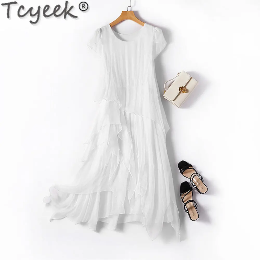 Tcyeek-vestido Midi informal De seda De morera para Mujer, ropa elegante De moda para verano, 23 Vestidos, 100%