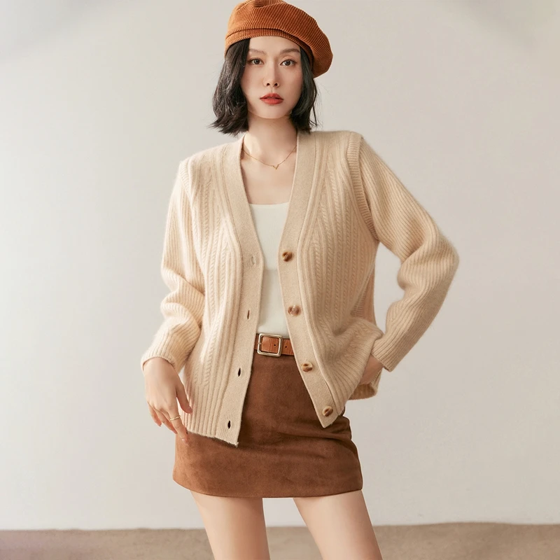 

Autumn Winter Women's 100% Cashmere V-neck Cabled Cardigan Chic Stylish Minimalist Soft Buttoned Coat Thick Female Knitwear Top