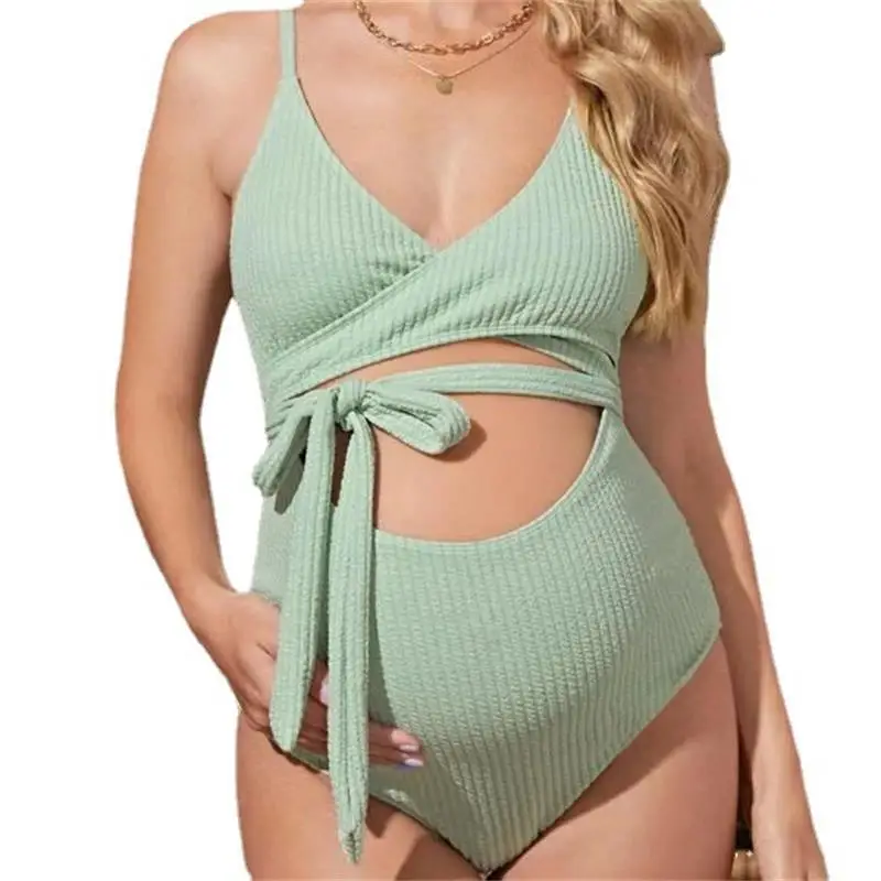 Maternity Photography Bikini Green Hollow V-neck Strap Swimsuits Bow Tie Bathing Suit Beach Photo Shooting For Pregnant Women