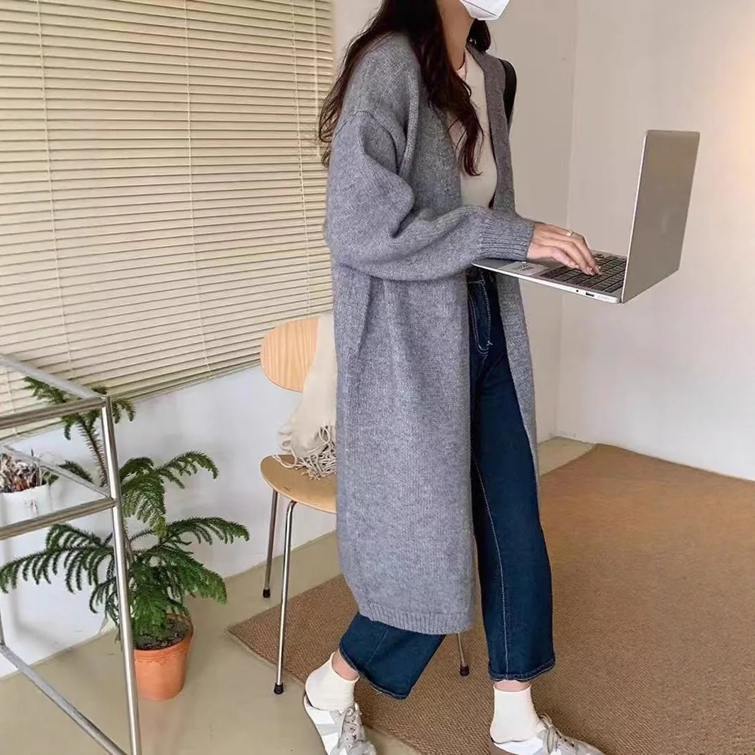 

Новинка: Элегантный вязаный кардиган средней длины с V-образным вырезом для женщин, повседневный, комфортный, с длинными рукавами, утепленный