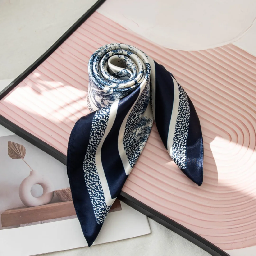 Blue Silk Scarf Simulation Silk Multi-functional High-end Fashion Decorative Scarf Headscarf Professional Wear Temperament Scarf