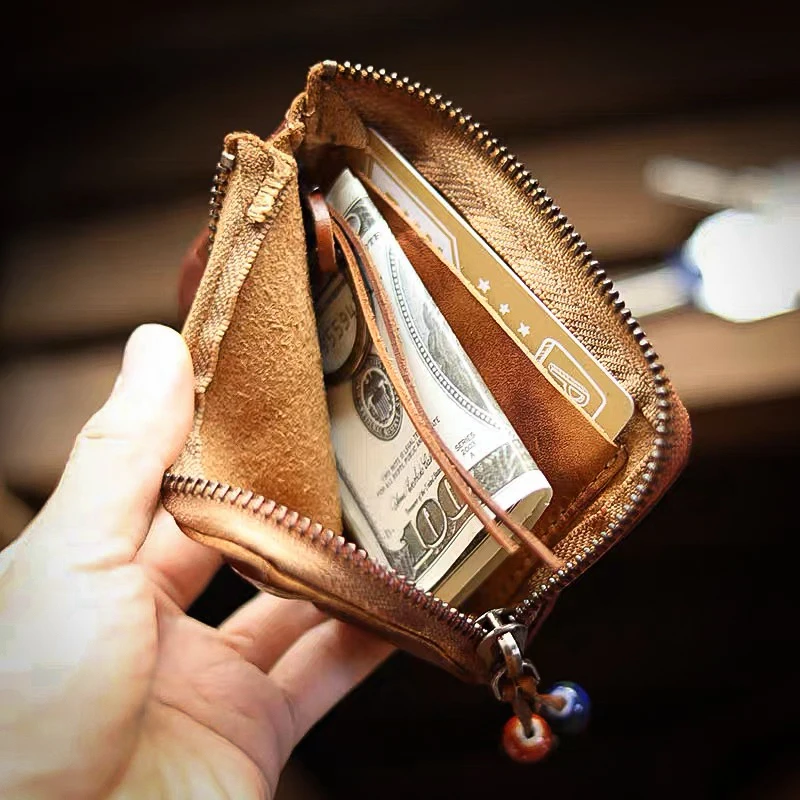 LUOKIR Deluxe Genuine Leather Home Car Key Bag Vintage Handmade Cowhide Coin Purse Men and Women Zipper Mini Wallet Card Holder