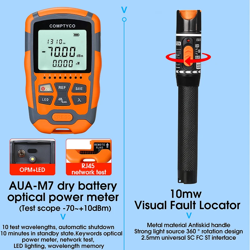 Imagem -04 - Kit de Ferramentas de Fibra Óptica Ftth Com70 Mais + 10dbm 50+ 26dbm Aua-m7 em Mini Medidor de Potência Óptica 10mw Localizador Visual de Falhas Fibra Clea