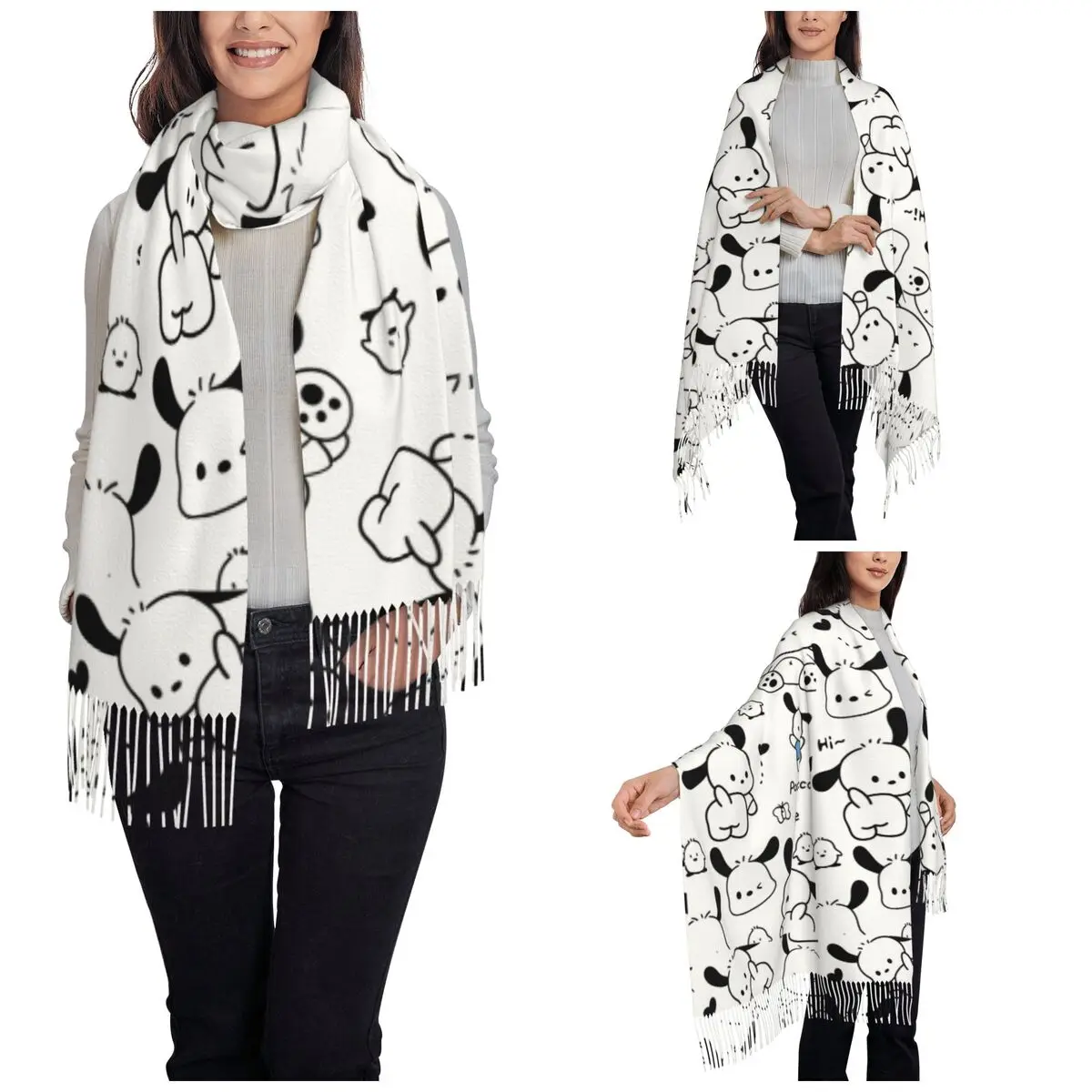 Women's Tassel Scarf Cute Pochacco Kawaii Dog Large Winter Fall Shawl Wrap Gifts Cashmere Scarf