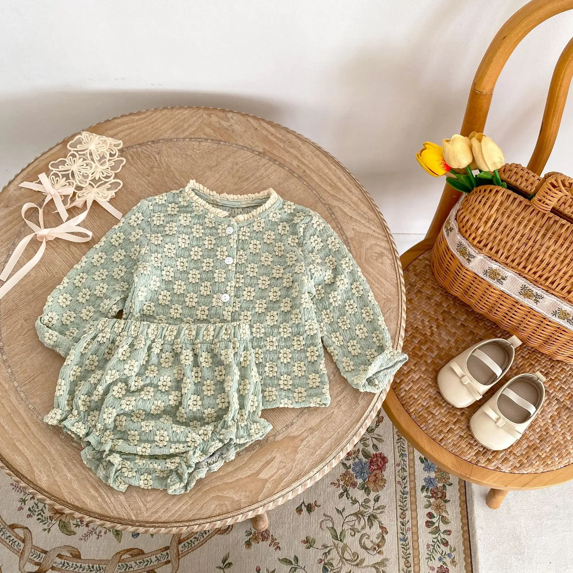 

Girl Two Piece Set Autumn New Baby 2024 Flower Jacquard Weave Knitting Long Sleeves Sweater Bread Pants Casual Simple Fashion