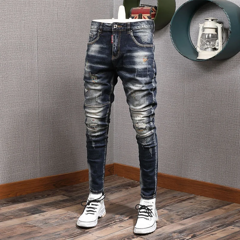 Jeans rasgado elástico Slim Fit masculino, calças jeans emendadas, bordadas, hip hop, streetwear retrô, preto, azul, designer, moda