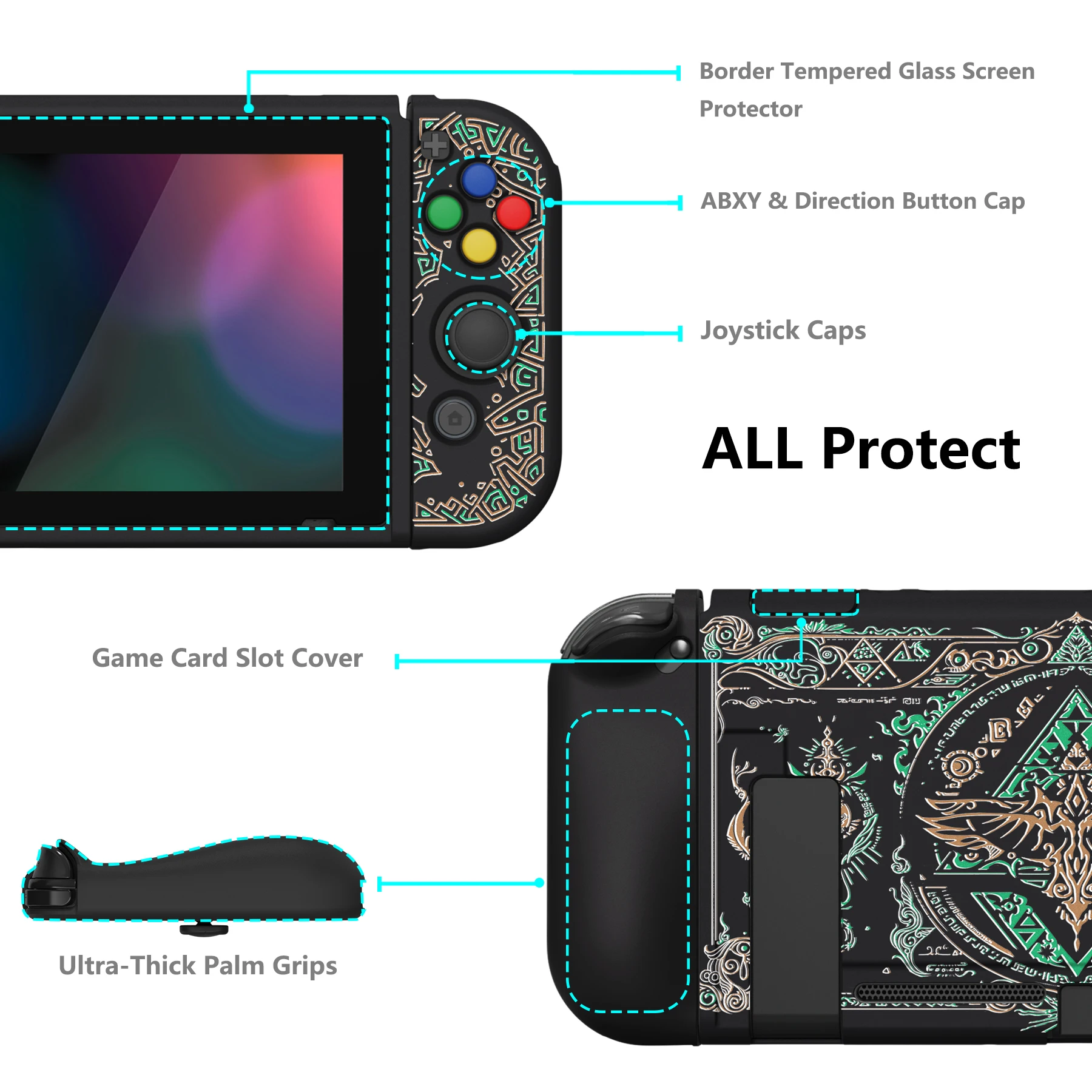 PlayVital ZealProtect-funda protectora suave para Nintendo Switch, Protector de pantalla de vidrio y agarres para el pulgar, tótem del reino