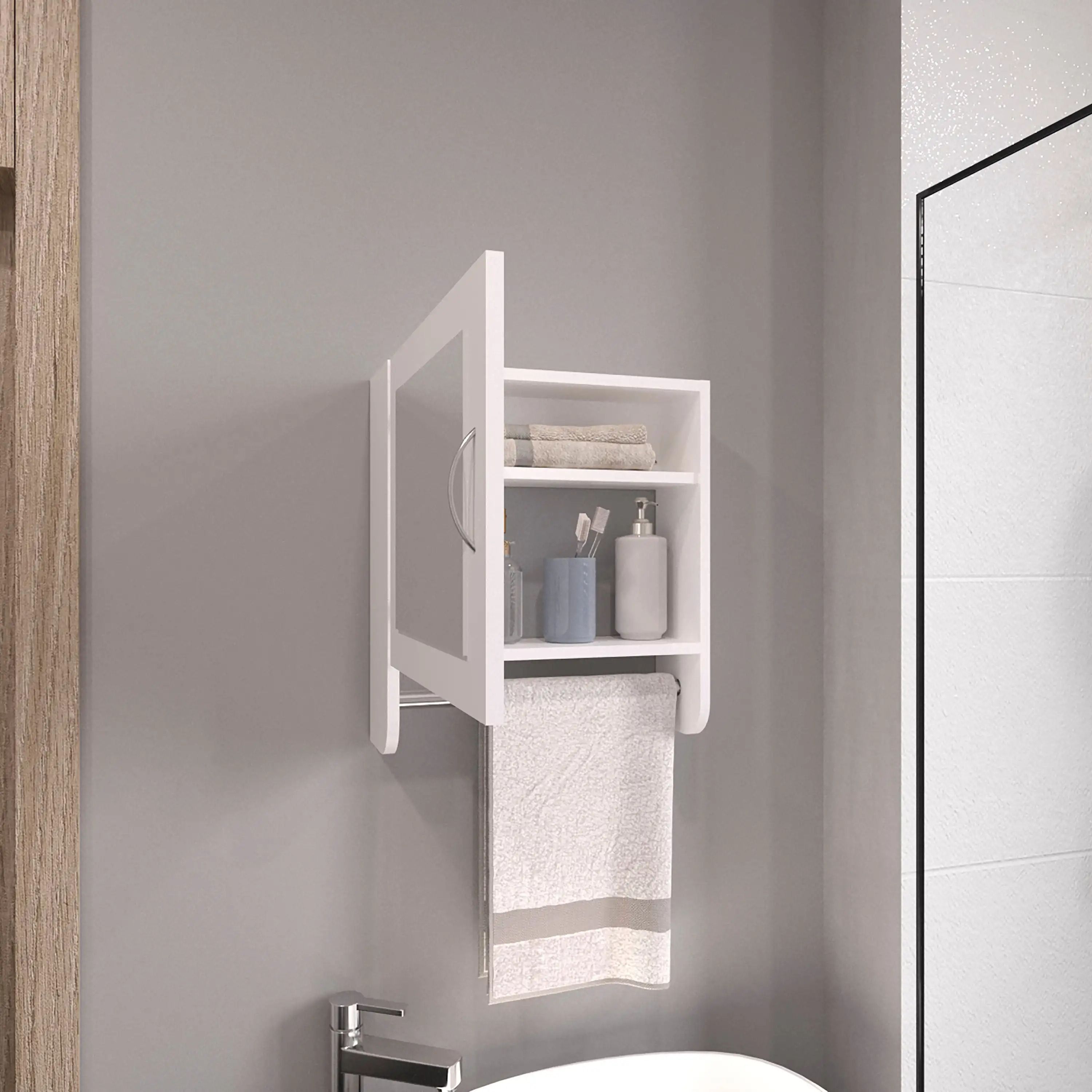 

BOTIQ 19.7" H x 17.7" W Mirror Medicine Cabinet with Towel Rack White, One door with Two interior Shelves for Bathroom - White